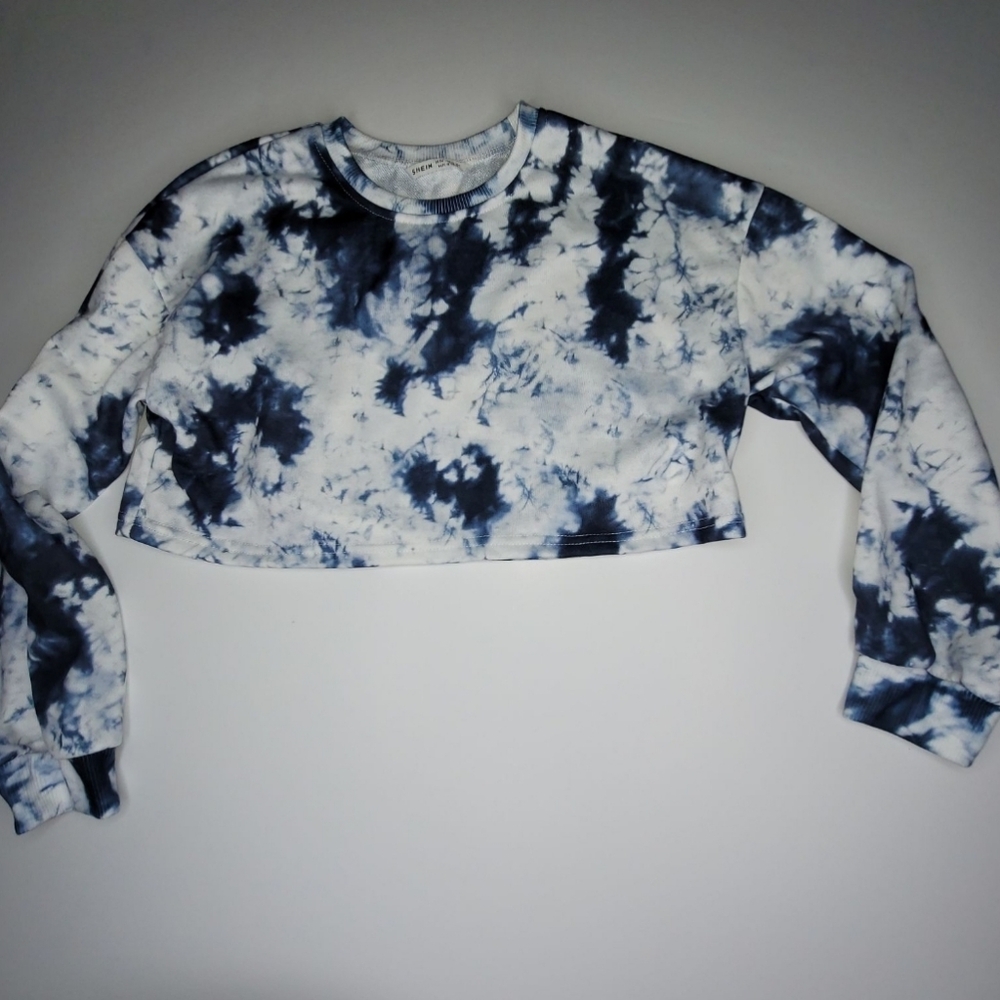 Girls SHEIN Tie Dye Crop Top 11-12Y Long Sleeve Frayed Hem Pullover